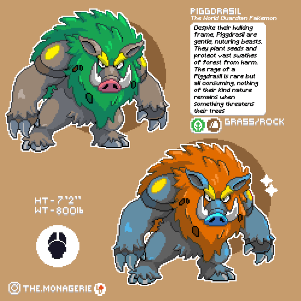 Decided to take a break from drawing monkey fakemon to try my hand at some starters. I'm working backwards on this so Ive not done first form yet, but here is Piggdrasil, and Arboarist