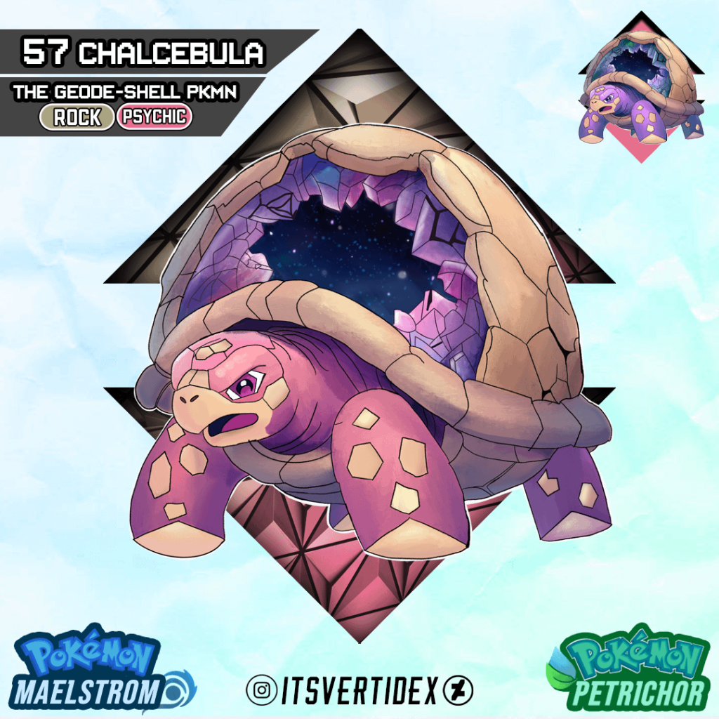 Meet Chalcebula, the Geode-Shell Pokemon of the Suldana Region!