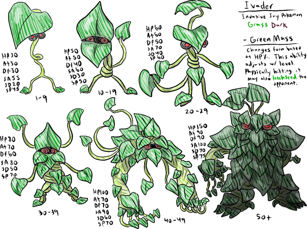 Made a unique invasive ivy Pokemon that changes form in a manner similar to Schooling but dialed up to 11. Also adjusted my regional bug's design to look better. Also made healing snakes