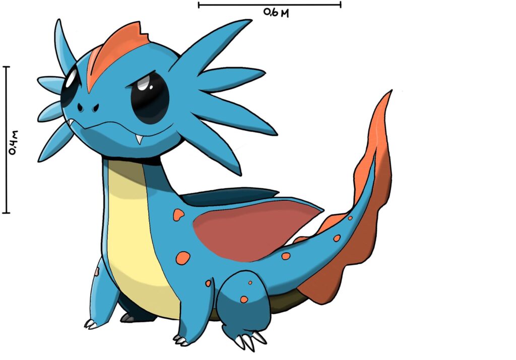 The water dragon starter. It can’t yet fly, but with it’s imens underwater speed it can launch up from the water and use it’s wings to stay airborn for a few seconds. I have no name yet, feel free to given it one!