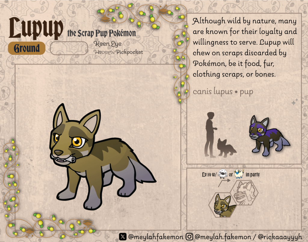Another early Pokémon from my Meylah Region. Lupup, and its evolution, Woolfend.
