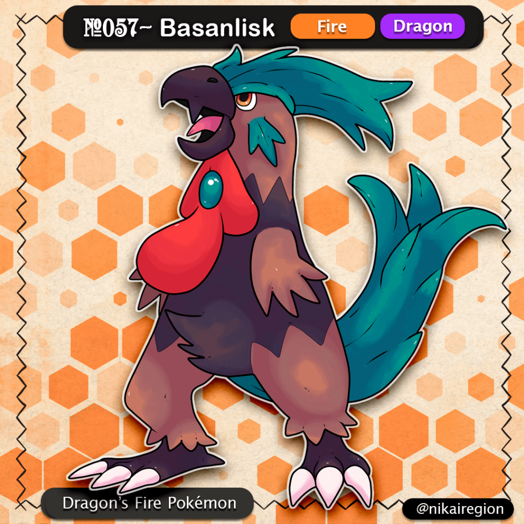 Fire Dragon Rooster - Basan Yokai Pokémon - Basilisk Fakémon - @nikairegion