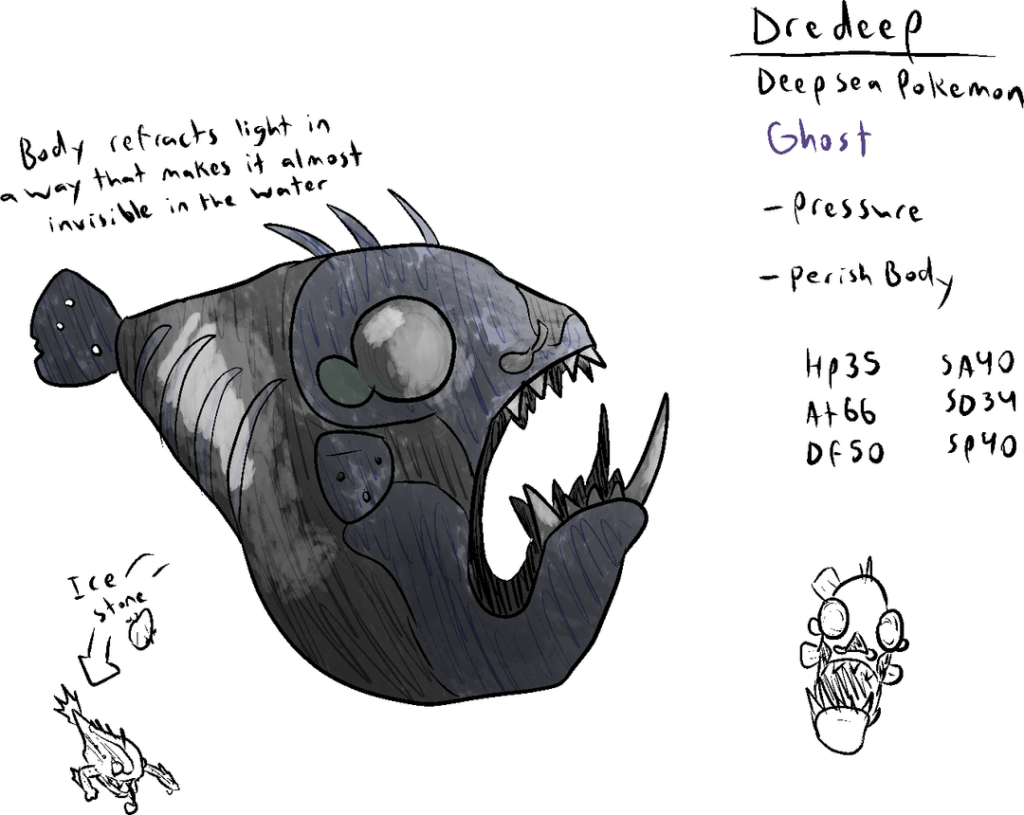 Today's theme is creatures of the sea!! Wanted to make a unique variety of ocean Pokemon. Tried to challenge myself by only having a few water types as to make more variety in the water when exploring. Also many of these are deep sea focused.