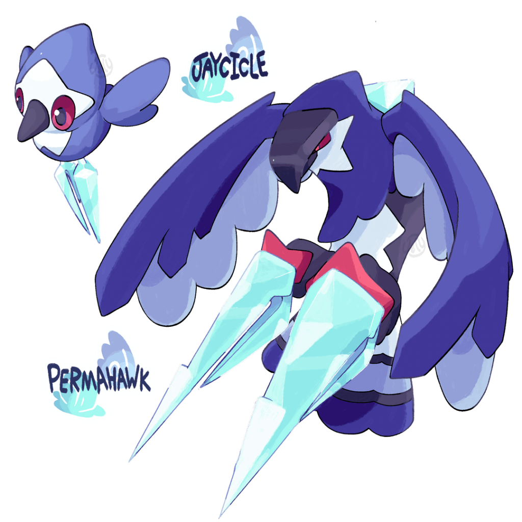 Jaycicle and Permahawk - Blue Jay with frozen feet to a hawk with icicle talons! Flying/Ice type.