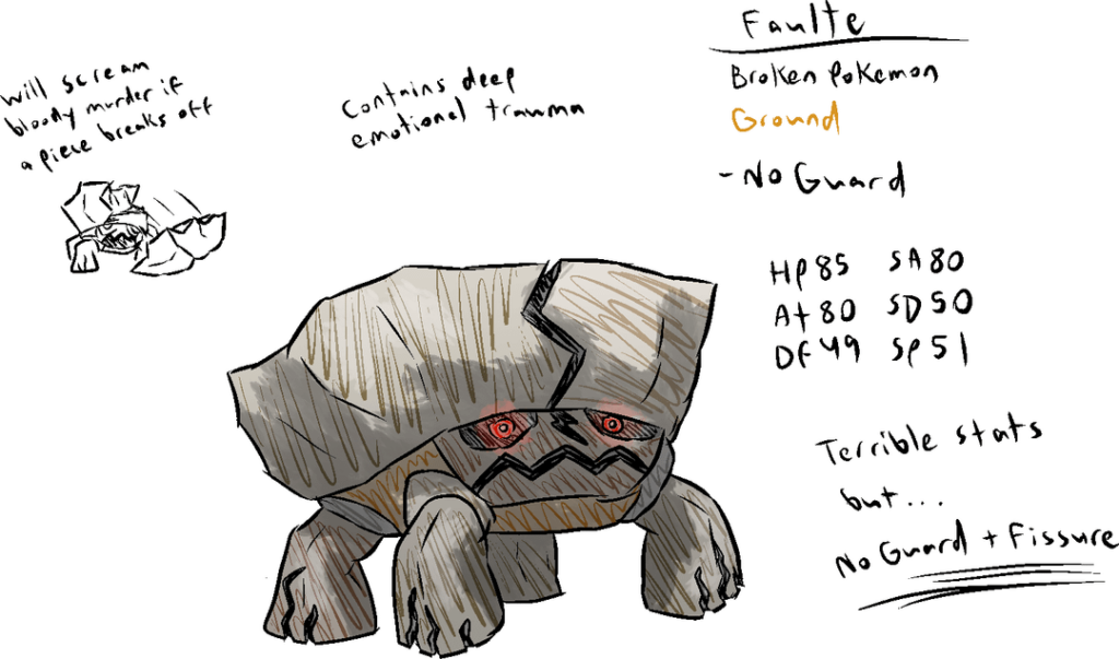 Redid my "terrible stats but No Guard + Fissure" non evolving Pokemon. It's now a weird tortoise thing and I love it