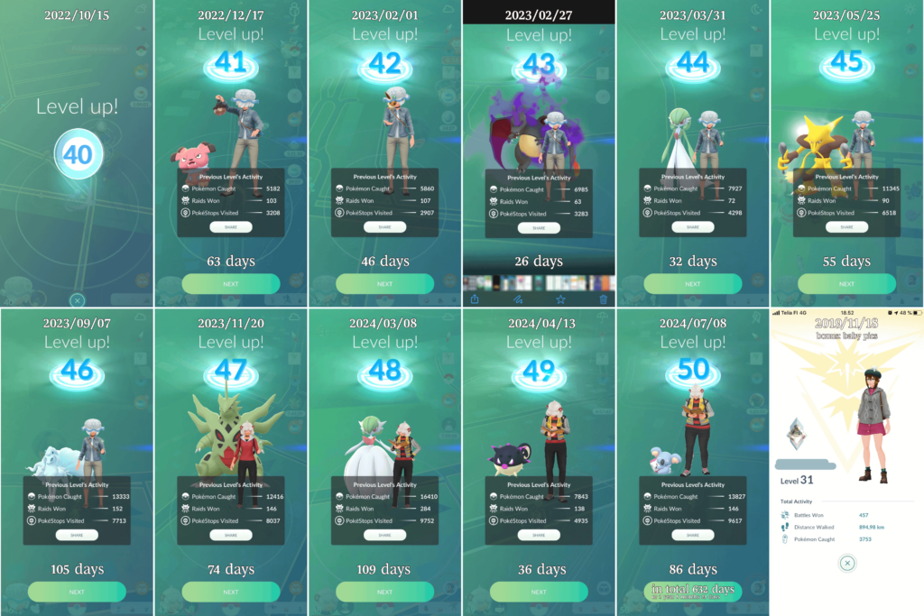 Finally hit lv50 today. I had gathered the necessary XP already by Wednesday, but I decided to save the last task (rank 10 in battle league) for my birthday. I had screenshots from every level up saved up, so it was fun to count how many days it took to reach each level.