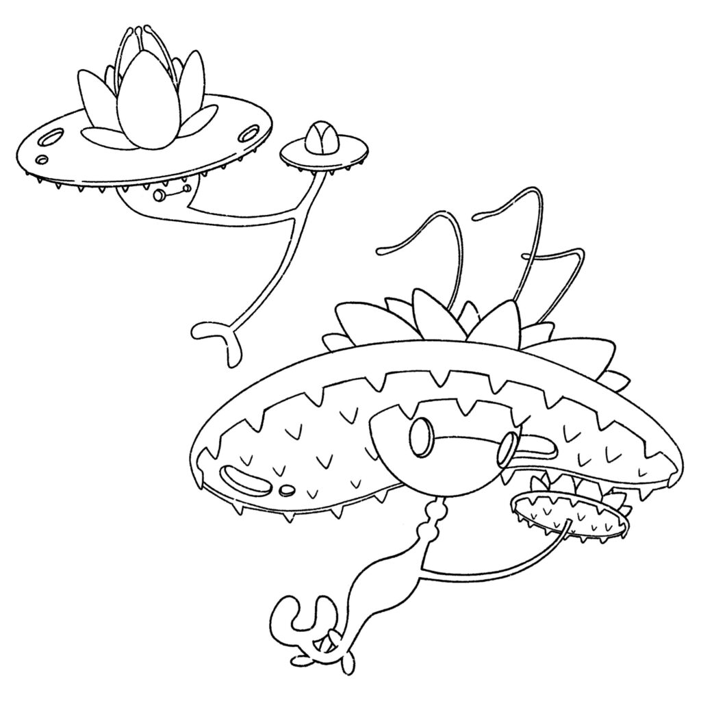 Drew a two-stage Fakemon line based on lily pads. I imagine they hold each other’s roots and float around on the surface of the water.