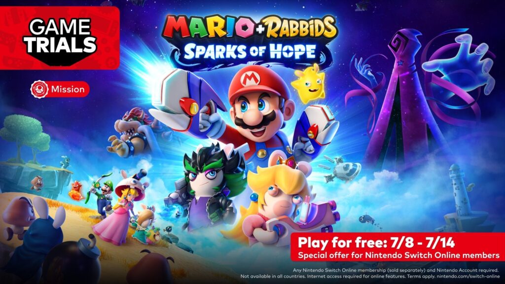 #NintendoSwitchOnline members! From 7/8 at 10am PT to 7/14 at 11:59pm PT, you can download and try the MARIO + RABBIDS SPARKS OF HOPE game at no additional cost.