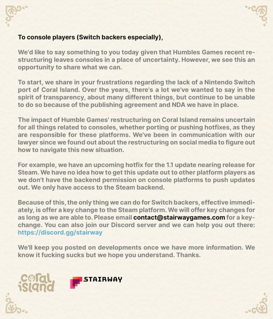 Coral Island Nintendo Switch Port In Trouble Due To Humble Games Layoffs