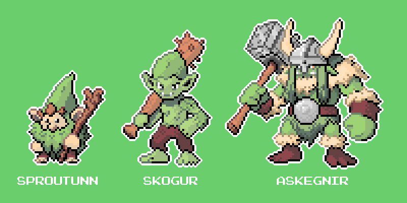 Sproutunn, Skogur and Askegnir - The Grass Starterline for my future game. (Credits to u/The_Monagerie for the layout)