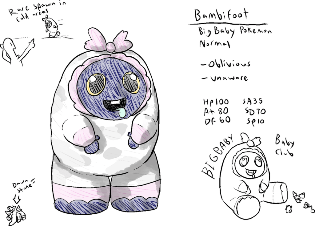 Baby yeti/frost giant, a fae hag, a haunted book that eats Unown for power, literal pebbles with googly eyes loosely based off of Perun, and seaweed elephants. What do you think?