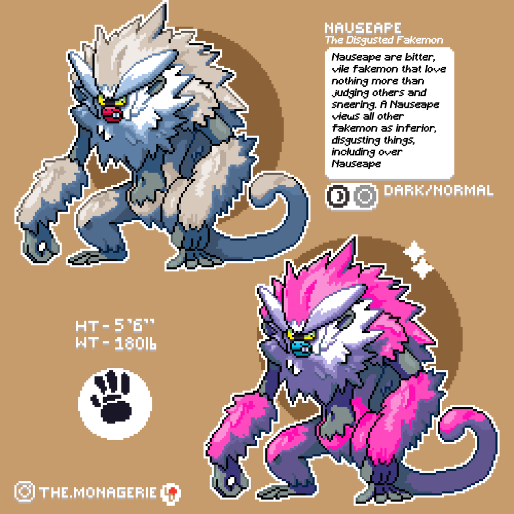 Hi all, me again with another emotion monkey fakemon evolution. This time based on Disgust. I present Nauseape! Let me know what you think