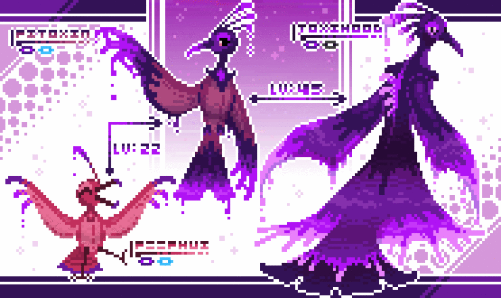 The Toxichood Pokémon: Peephui; Uses the toxins from others to coat its feathers, as it is to young to produce its own toxin. Pitoxin; Able to produce its own toxin, its feathers have become saturated in it. Toxihood; Brooding pokémon, their feathers have become so heavy that they can no longer fly.