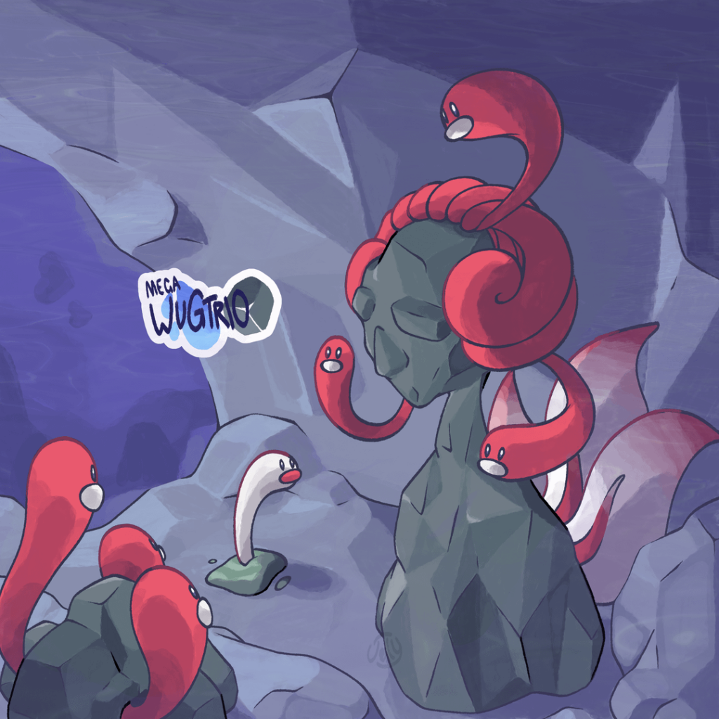 Mega Wugtrio! (Water/Rock) based on Medusa and stone busts.