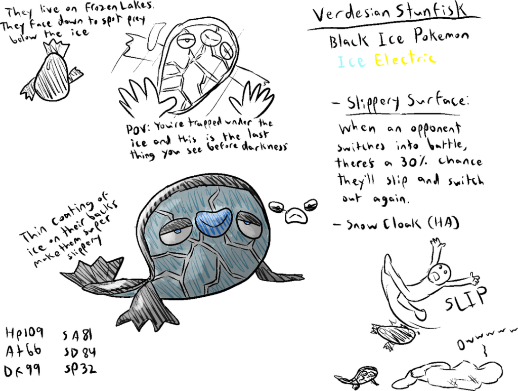 Icy Stunfisk, an evolution for Mightyena based off a maned wolf, and celebrity quails and peacocks that are absolutely full of themselves.