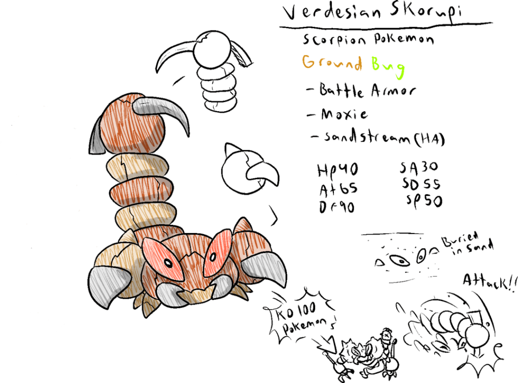 Regional Skorupi/Drapion based off gladiators, Cheese mites, freezing snakes, bubble hamster and hippo, a pig that SIMPS and a gold-digging piggybank.