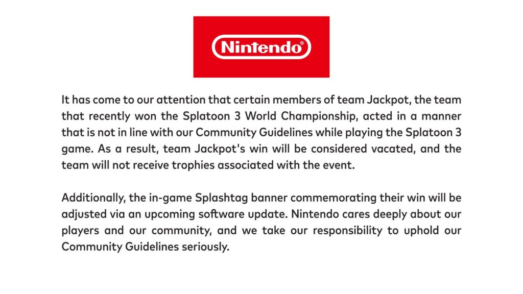 Nintendo Official Statement Regarding Splatoon 3's World Championship & Team Jackpot's