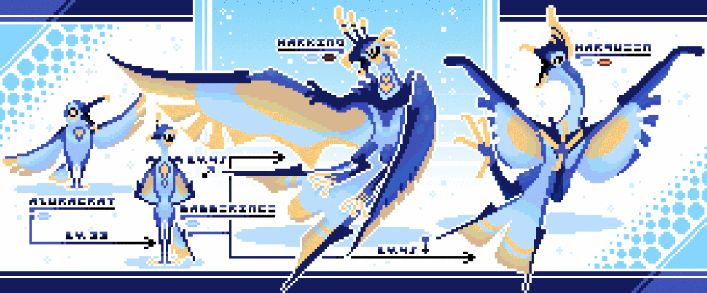 The Hierarchy Pokémon: Azuracart; demanding, boisterous, and greedy. -Flying Type- Babberince; dignified, yet as harsh as its lesser. -Flying Type- Hawking; pokémon that rule their roosts with iron talons. -Flying/Dark Type- Harqueen; flightless, trading flight for strength. -Flying/Fighting Type-