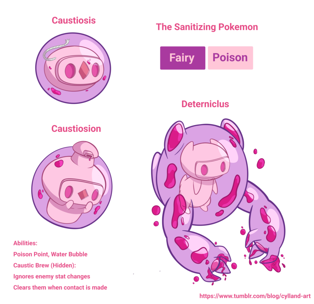 Meet a new amazan Fakemon! from the (Fanmade) Amaza Region! Caustiosis, Causiosion and Deterniclus! They may look tasty, but beware as a single lick can be your last… They smell great though!