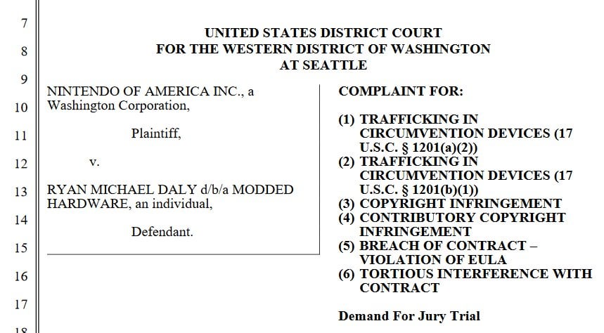 Nintendo of America is suing two individuals (“Modded Hardware” and “Archbox”) for copyright infringement  According to the suit, Modded Hardware sells MIG Switch devices, console mods, services for modding, and often includes pirated games on devices sold