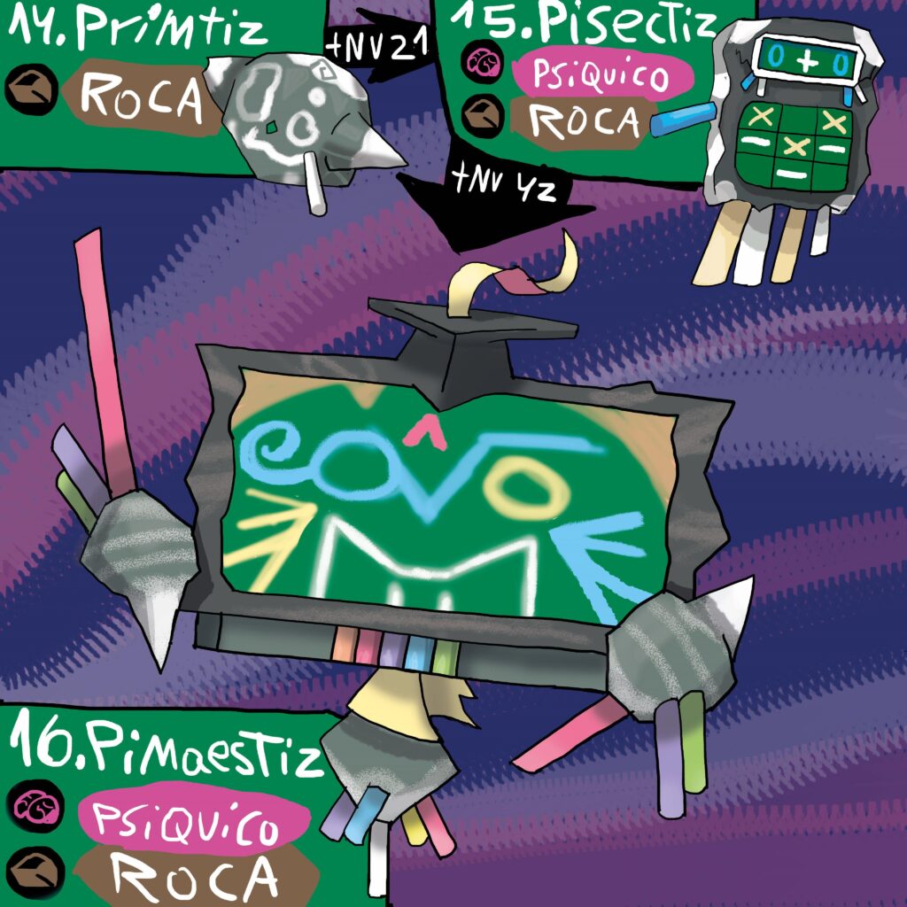 Para mí típico Pokémon tipo roca de la cueva me base en la piedra pizarra, la tiza y varios entre temas escolares(el nuevo Pokémon favorito de la primera líder de gimnasio de Ruby/zafiro xd)