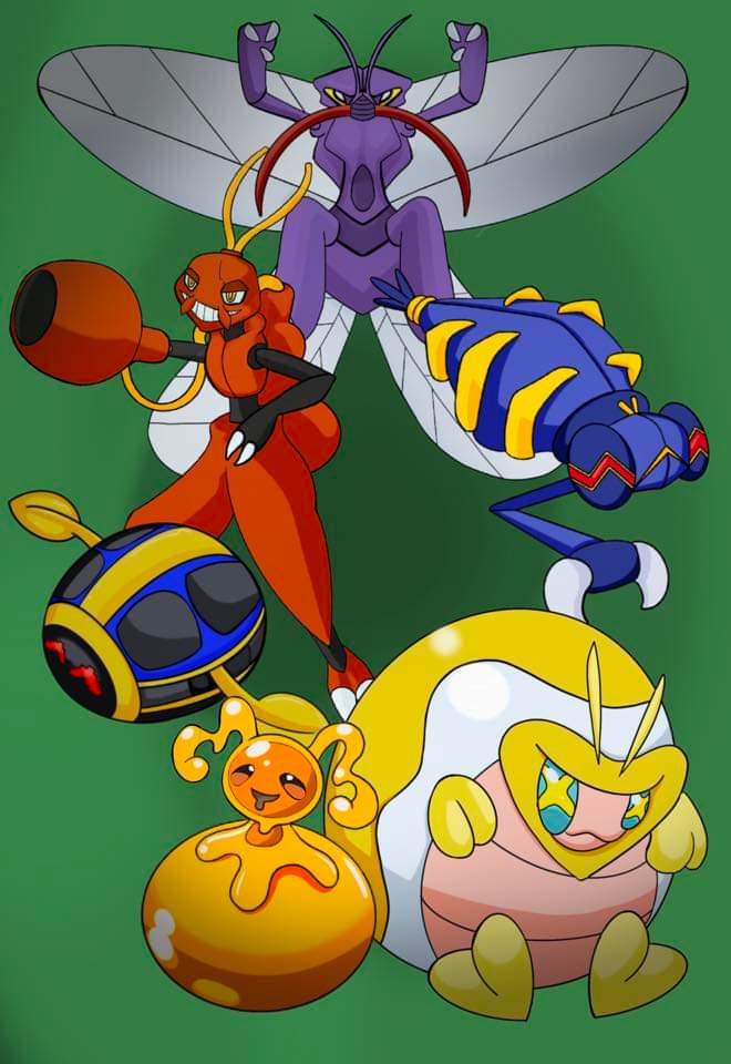 Here's a group of bug fakemon I made a while back. Starting at the top going clockwise they are based on Dobson fly, dragonfly nymph, tortoise beetle, honey ant, Whirligig beetles, and bombadeer beetle. I forgot their names, but I'll make a comment with more info so I don't run out of space