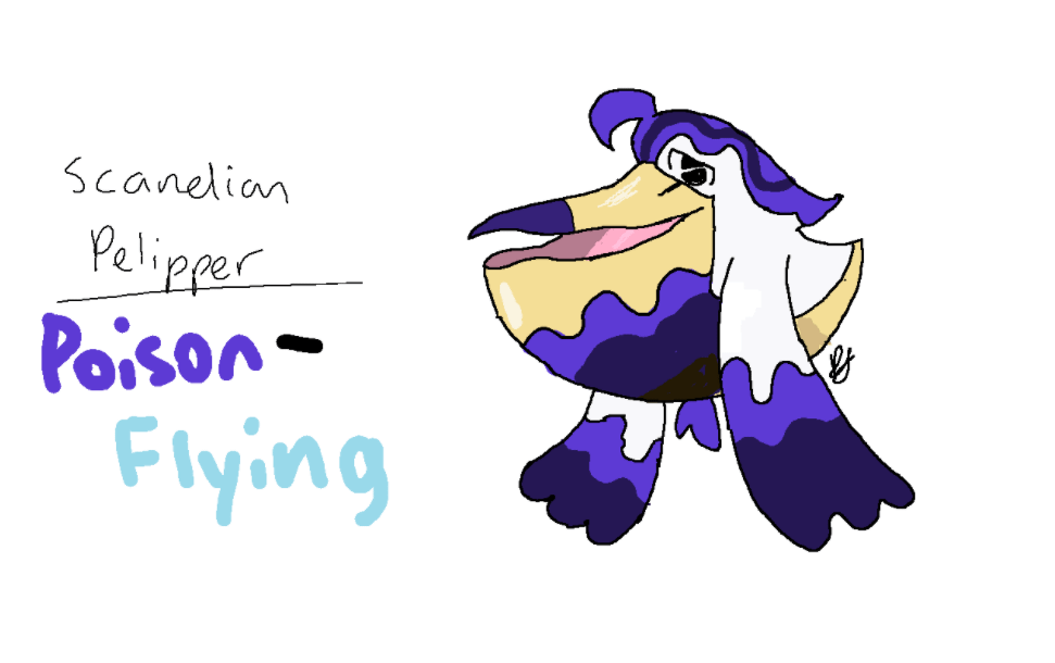Here is a regional Pelipper for my pokemon region, Scandia and possible future games Pokemon Valor and Vile!
Poison-Flying/The Water Bird Pokemon