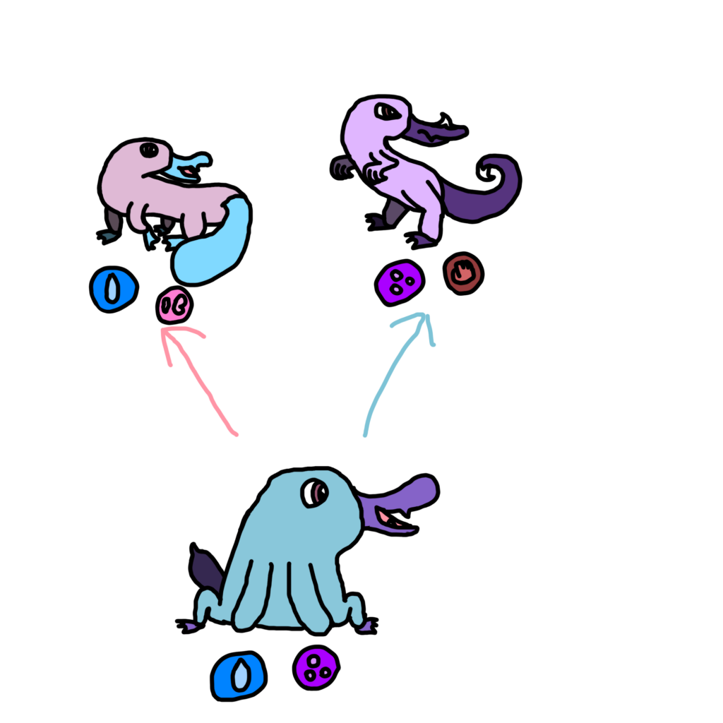 Now presenting my new platypus pokemon! (Not at all related to the water starter I made). It’s a split evo based on its gender. Unlike Nidoking and Nidoqueen, the two counterparts would be able to breed with each other.