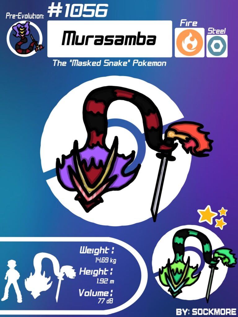 Gimmick forms for my fire type starter, Murasamba. Let me know if y’all have a favorite.