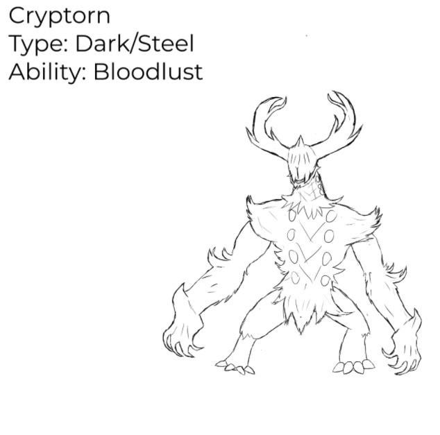 sketched my first fakemon! the pseudo legendary for my fan region I'm working on! going for a creepier style that what current pokemon has to offer.