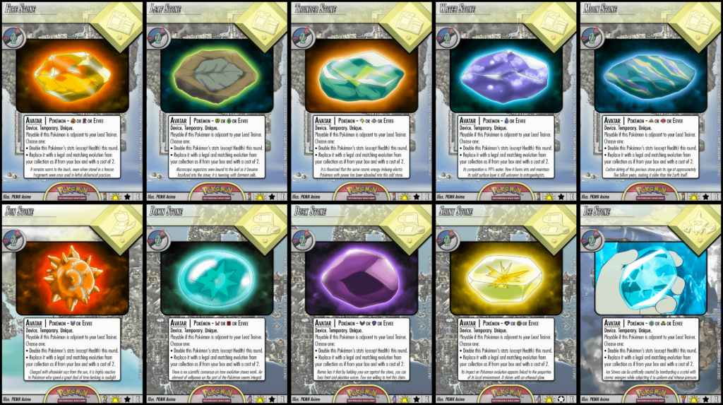 [OC] I made a whole cycle of Evolution Stone cards for my homebrewed card game. Thoughts?