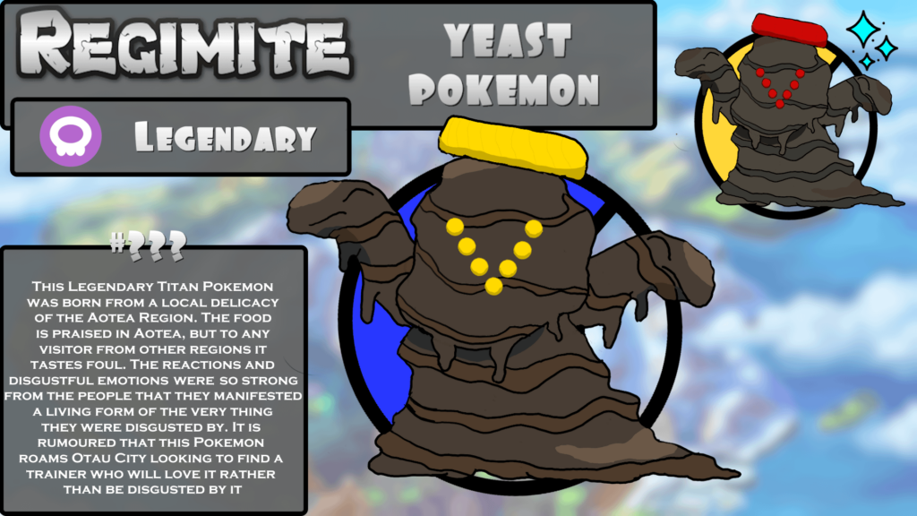 Meet the first Fakemon of my region based on Aotearoa New Zealand - Regimite, the regi based on Vegemite/Marmite. This is my very first attempt at digitally drawing a Fakemon and I am quite proud of my efforts even though this thing is super cursed.