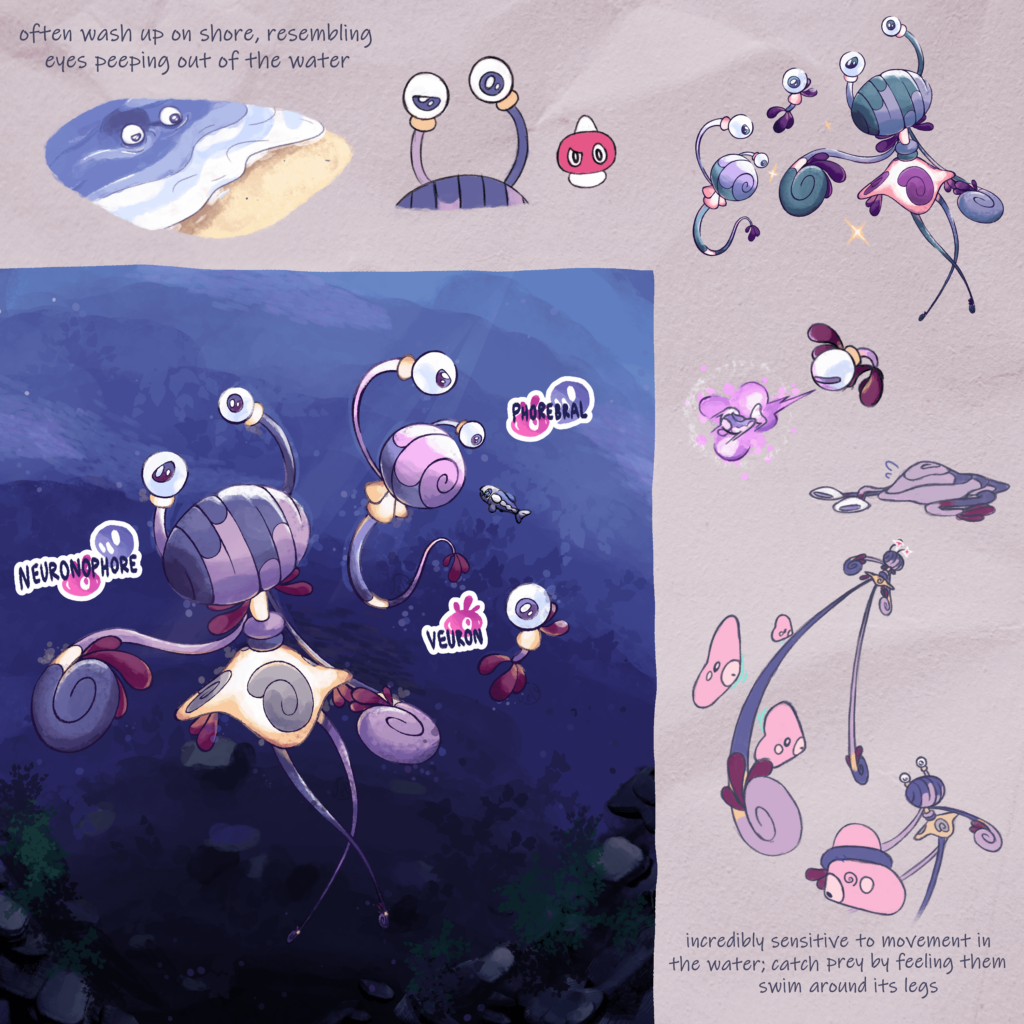 Veuron, Phorebral, and Neuronophore! Psychic/Ghost types based on Bathyphysa conifera siphonophores and the nervous system.