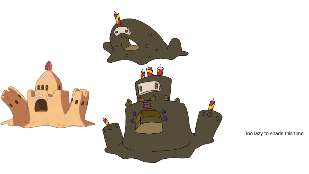 So I made 2 convergent Sandygast and Palossand. They are based on cake and are Dark, Grass type. I couldnt think of any good names tho. what do you think the names should be?