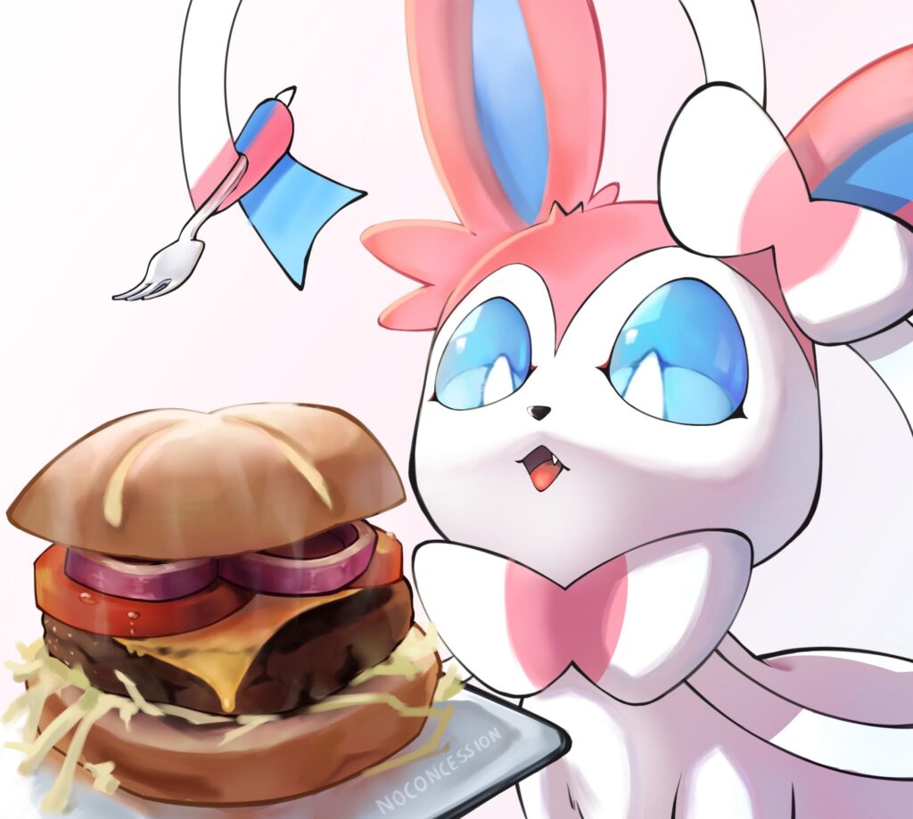 Sylveon eating a burger