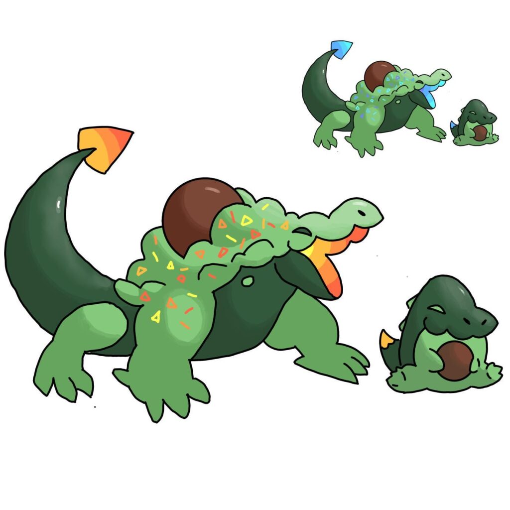 HELP I CANT TELL IF THEY SHOULD BE FIRE/GRASS OR DRAGON/GRASS!?! Anyway this is avogator crocamole!