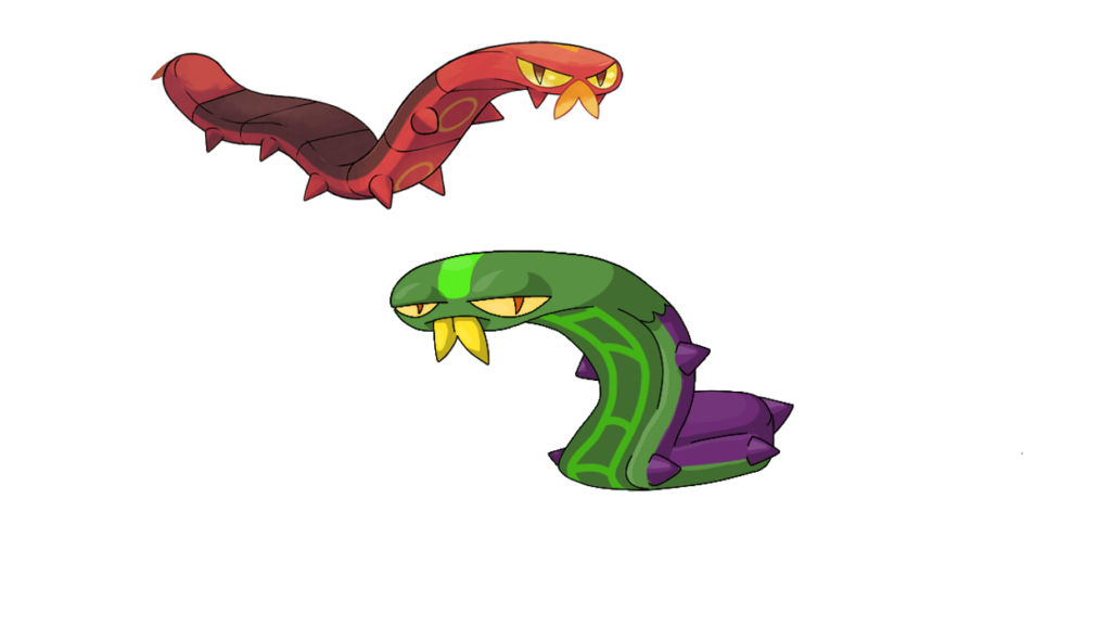 Slithaweed : The Garden Snake Pokemon. A grass, dark type. tho this pokemon has a close resemblance to Sizzlipede, they are very different in many ways including having no evolution line, Their habitat in tall grass areas, and overall daily life. This pokemon has stingers on its sides for defence.