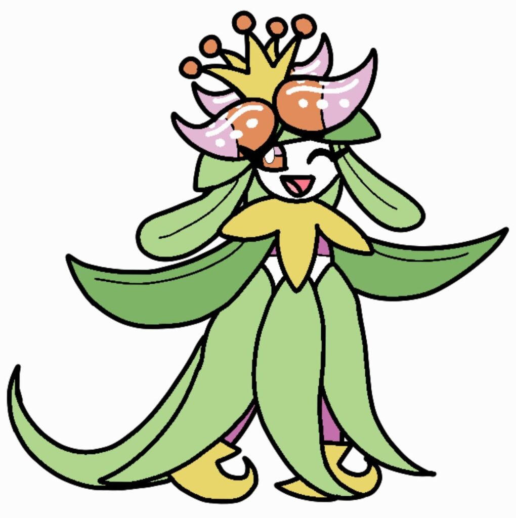 Floregal, the queen Pokemon. A grass and fairy type. It evolves from lilligant via friendship
