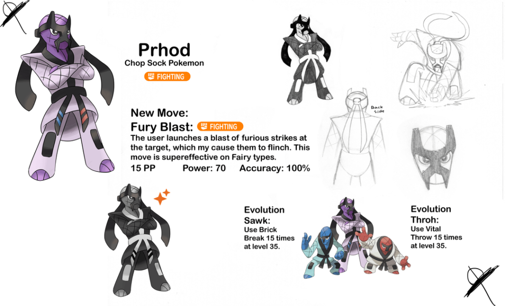 Here's an evolution I designed for Sawk and Throh for my region. (which is still in the works) I introduce to you, Prhod! and I made a Pokemon Trainer specifically to pair up with him. Her name is Edith :D Hope you like them! Dex entry in the comments.