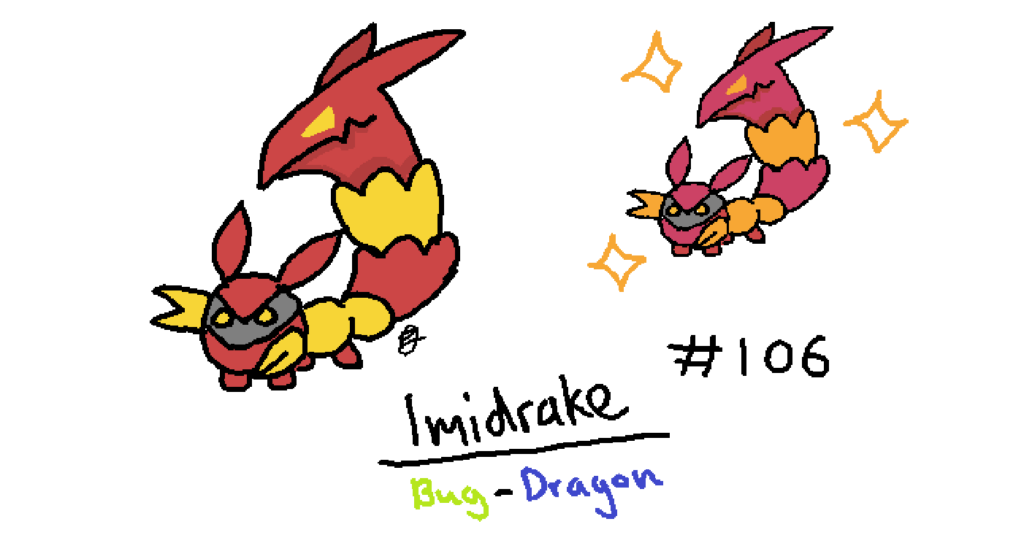 Here is Imidrake, a new Bug-Dragon type based on scorpions and mimicry, for my nordic based pokemon region, Scandia!