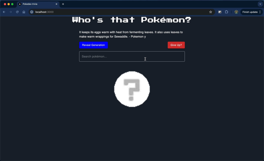 I'm working on a trivia game where you guess the pokémon from its pokédex entry. What else would you like to see?
