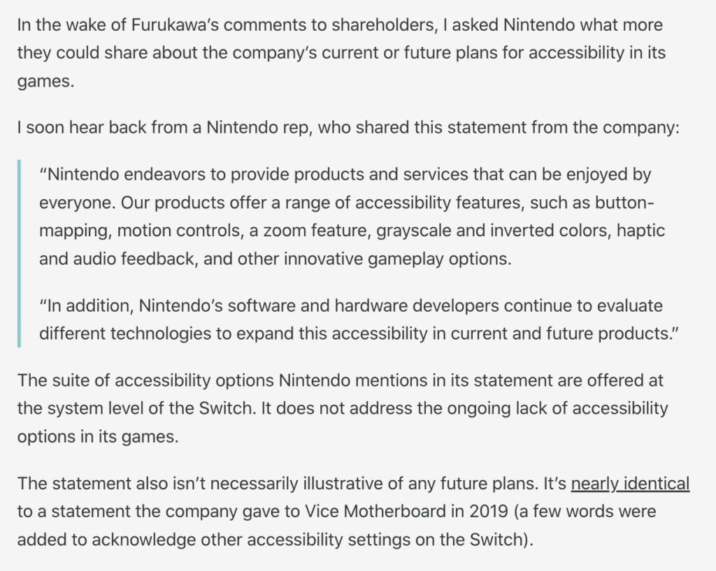 Journalist Stephen Totilo keeps pressuring Nintendo about accessibility options.