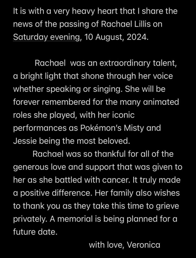 Rachael Lillis, the original voice of Misty and Jessie in Pokemon anime, has passed away at age 46