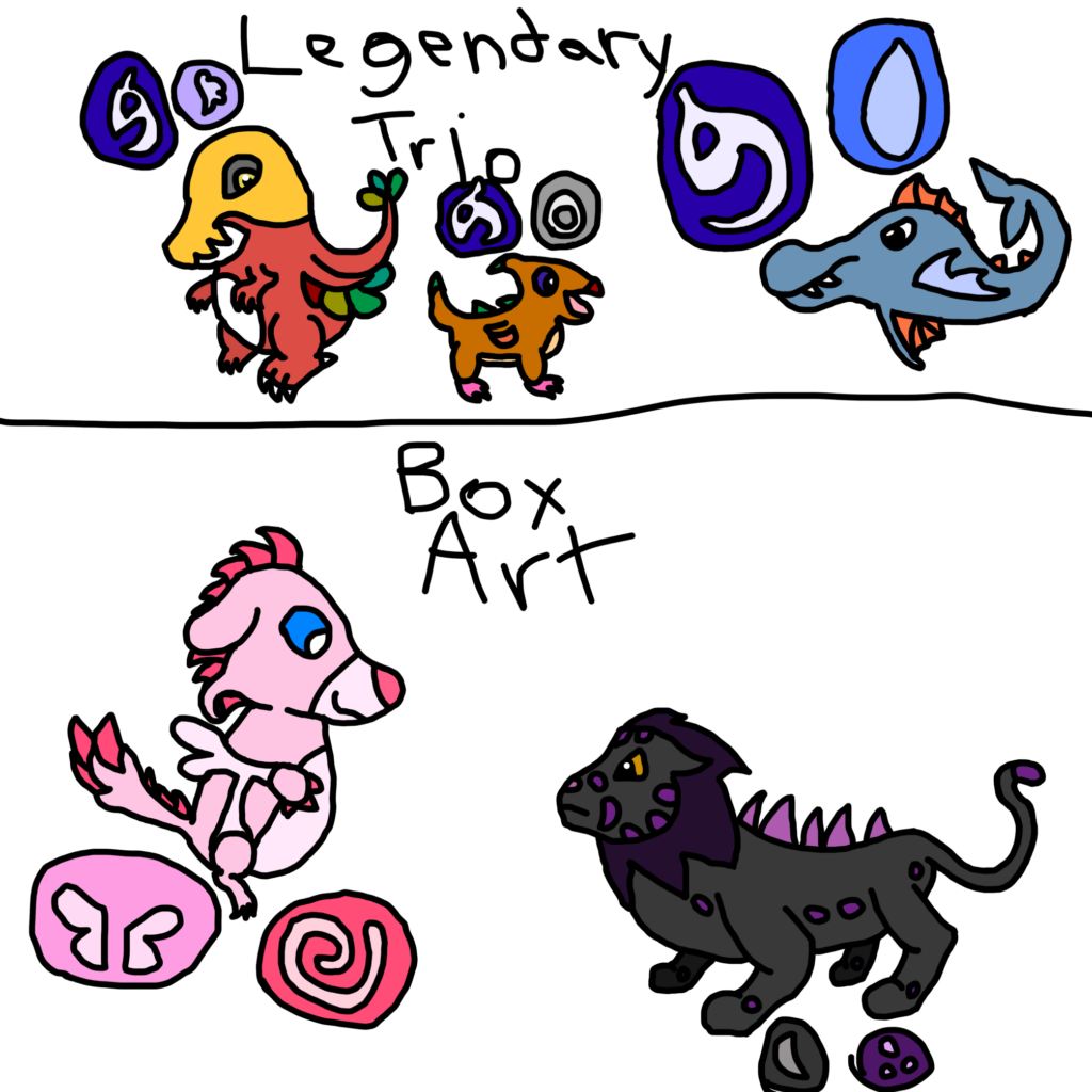 I made some legendary pokemon. I used pets as a theme. I drew this (and the drawing I plan to put as my next post) before my break. I would also like your suggestions to make the trio fit in with each other and for any future fakemon! :)