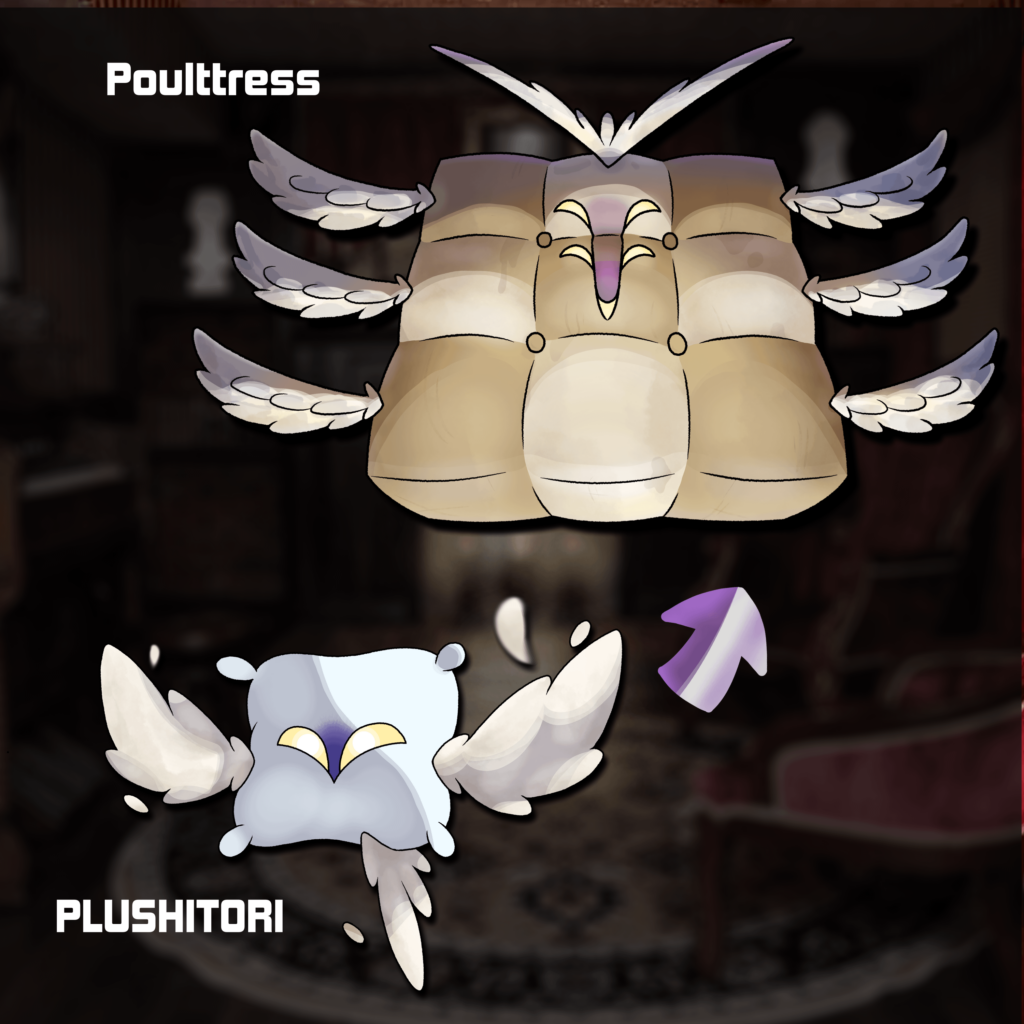 Introducing the Pillow Pokemon Plushitori and Poultress! Ghost-Flying type.