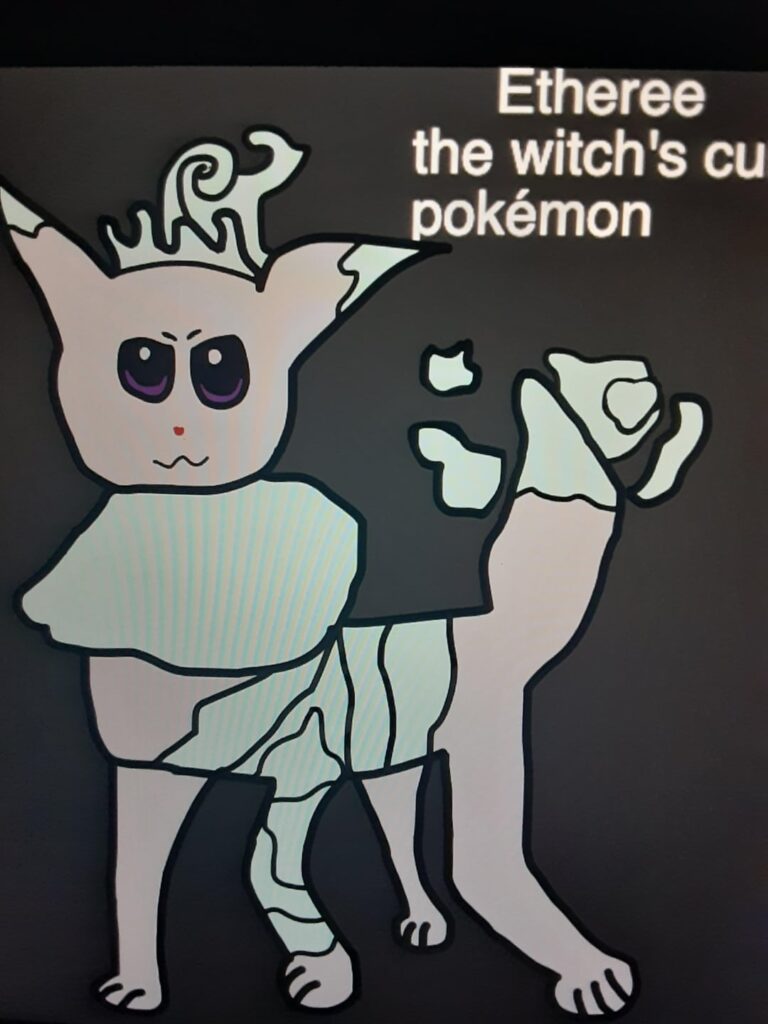 A ghost type eevee convergant, Etheree (from ethereal and eevee), the witch's curse pokemon. Entries in body text