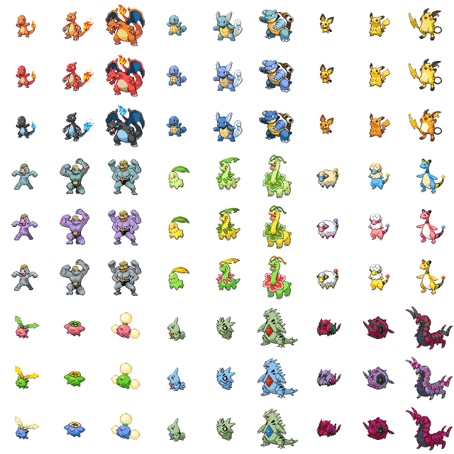 [OC] Pokémon families with the same colors at every stage