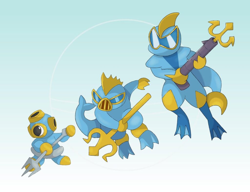 The Aovena region’s starter trio, the whole evolution lines
