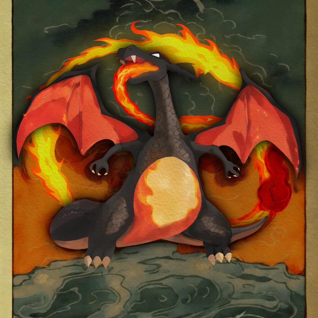 i drew a shiny charizard , inspired by ukiyo-e