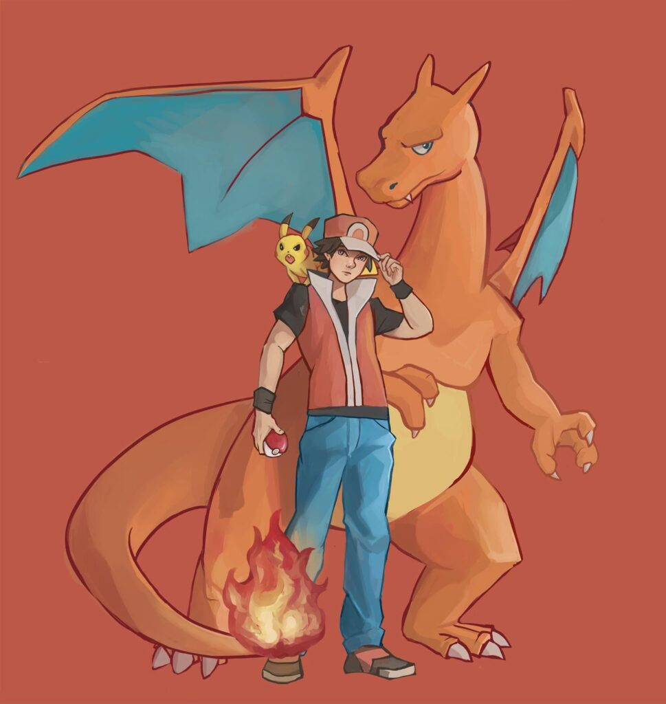 I drew Red and a very irate pikachu, Charizard is also there (because of course he is)